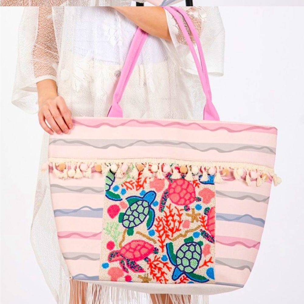 Pink Embroidered Turtle Tote Bag NIB